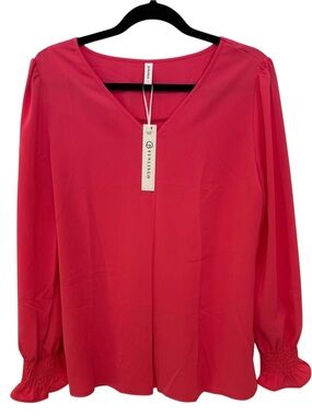 Funlingo Bright Pink V-Neck Blouse Women’s Large Long Sleeve Smocked Cuff NWT